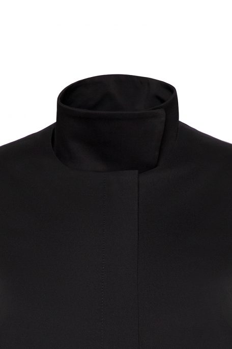 A smart coat with a detachable high collar - front view.