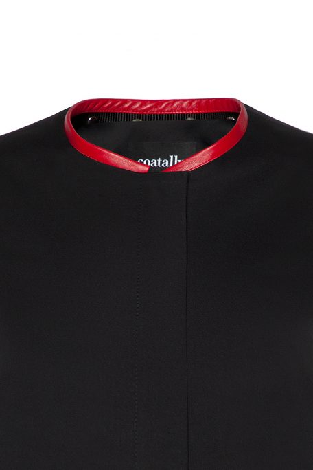 A smart coat with detachable red leather decorative collar - front view.